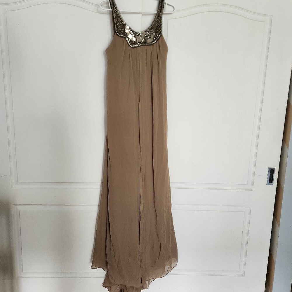 BCBG Max Azria Floor Length Brown Gown with Unique Beaded Neckline, Size 10